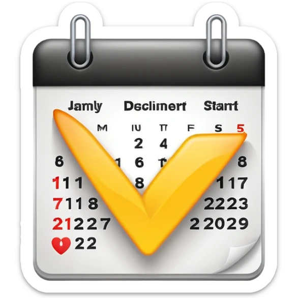 Minimalist emoji of a clean calendar page with a single bold tick and light radiating from behind it, symbolising recommitment and a fresh disciplined start. Flat vector style, transparent background sticker