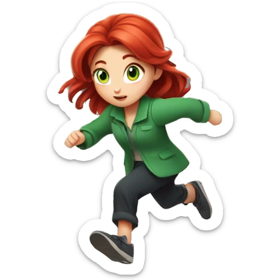 Cute Girl, Big green eyes, Long red hair, Green loose fitting pantsuit Running, Disney anime style, cinematic lighting sticker
