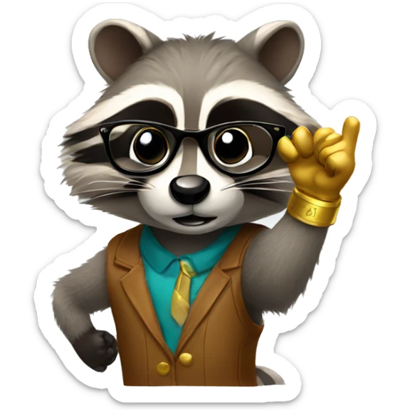 raccoon emoji style with glasses and pointing up with a golden hand sticker