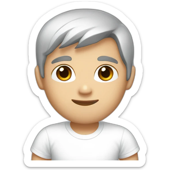 a young man with white skin, shorter black-brown hair and dark brown eyes wearing a white t-shirt sticker