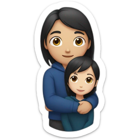 Asian boy with black hair and dark blue hoodie hugging girl with light brown hair and black blouse and silver circle earrings  sticker