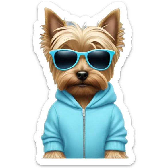 Yorkshire terrier dog with a pastel blue hoodie and pastel blue sunglasses sticker