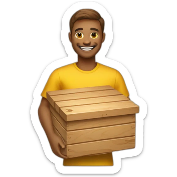A person holding a box of wood with a beautiful smile will make any wooden product you want, he has a yellow food ball. sticker