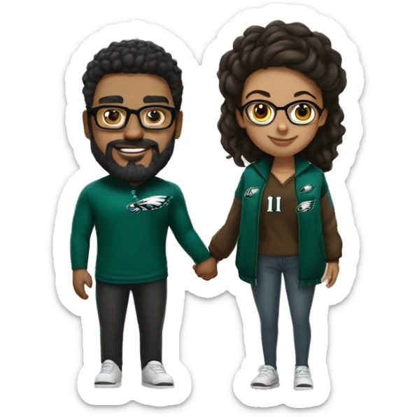Brown guy with beard mustache and brown girl with glasses and her hair in a bun in Philadelphia eagles clothes holding hands sticker