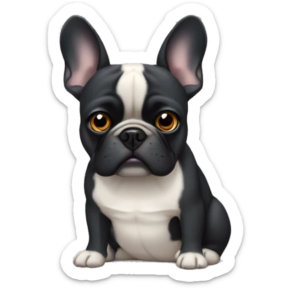 Black French bulldog X pug frowning face grey chin floppy ears and bottom teeth showing  sticker
