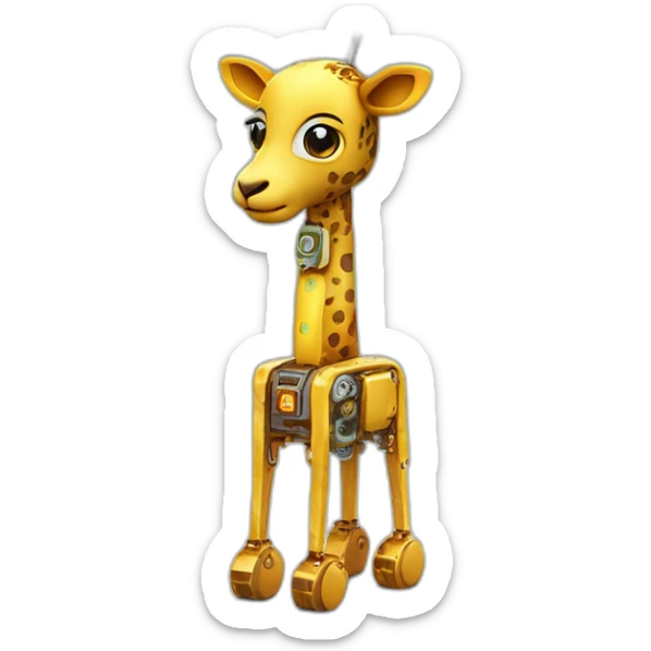 Una girafa robotica con patrones de circuitos brillantes en su piel, piernas con juntas móviles y piezas de metal relucientes sticker