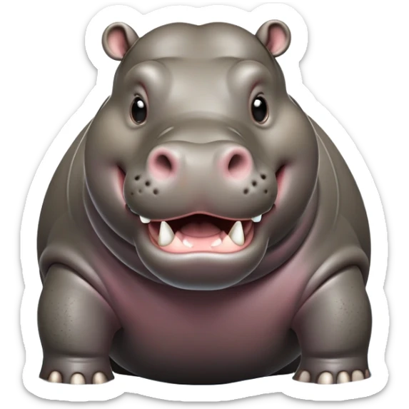 cinematic-hippo-realistic-full-body-standing on all fours-emoji,-massive-round-frame-partially-submerged-in-muddy-water,-wide-mouthed-grin-exposing-huge-teeth,-head-tilted-dramatically,-thick-greyish-brown-hide-glossy-from-water,-simplified-yet-realistic-focused-features,-highly-detailed,-glowing-with-an-almost-sarcastic-glow sticker