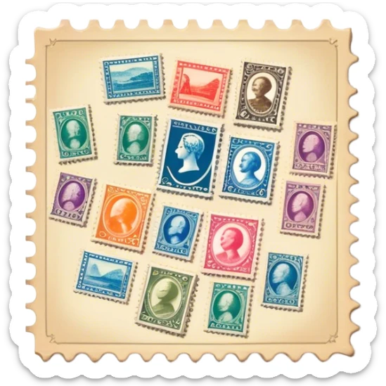 Icon for Stamp Collecting: a large stamp block in the center and a collection of vintage and colorful stamps arranged in an album or on a desk around, with showcasing different themes. The icon should reflect the charm and history of philately. Transparent background. sticker