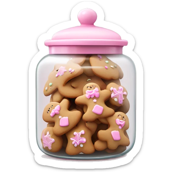 Realistic glass cookie jar with light pink lid full of gingerbread cookies isolated.  sticker