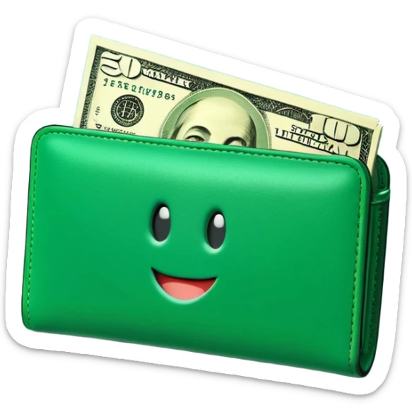 Rich emoji style green leather wallet with dollar bills, luxury money vibe, premium 3D emoji, ultra clean, high detail, no background sticker
