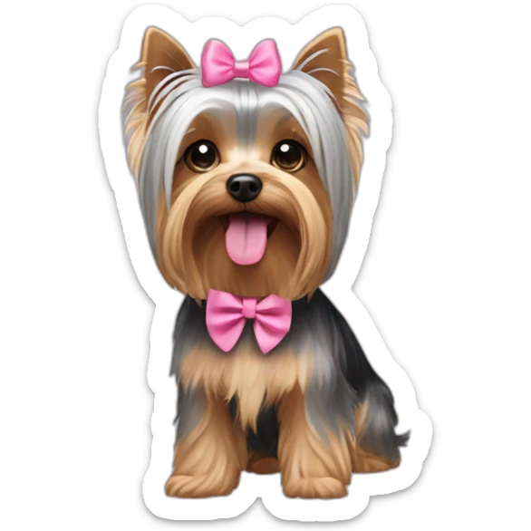 yorkshire terrier with grey hair with the tongue and two little pink hairbow on the head sticker