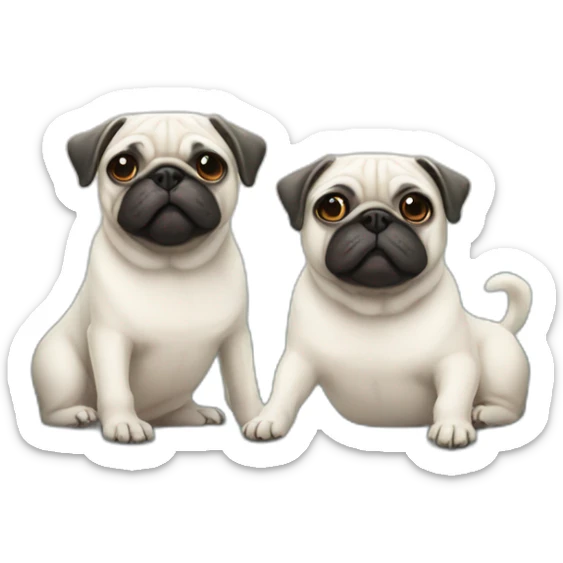2 White pugs on a sofa, one of them is an adult and the other one has 5 months of age sticker