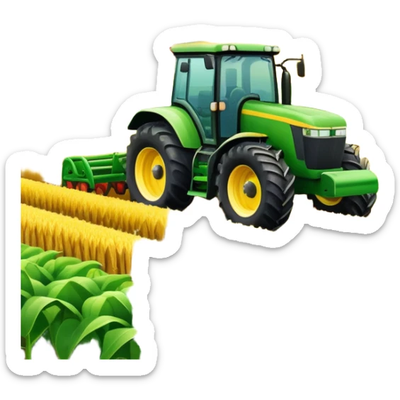 An icon featuring a large farming tractor in the middle of a lush field, with crops ready for harvest. The design includes farming tools, a barn in the distance, and a vibrant landscape, symbolizing the immersive world of agricultural simulation. Transparent background. sticker