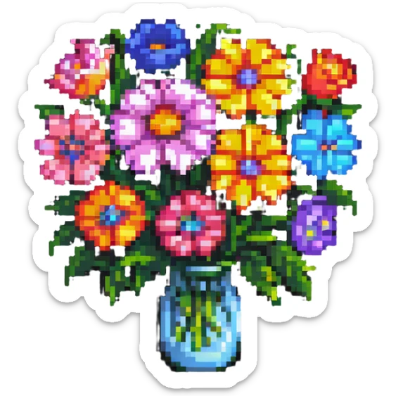 simple colorful bouquet of flowers in pixel art style sticker