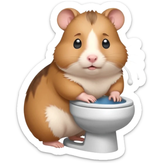 Cute chubby cartoon-style hamster sitting on toilet pooping looking as if he had an accident sticker