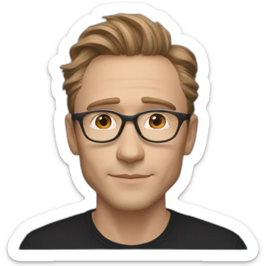 Light Brown guy, hair nose and lips like Tom Hiddleston, no facial hair, transparent round glasses, black t shirt sticker