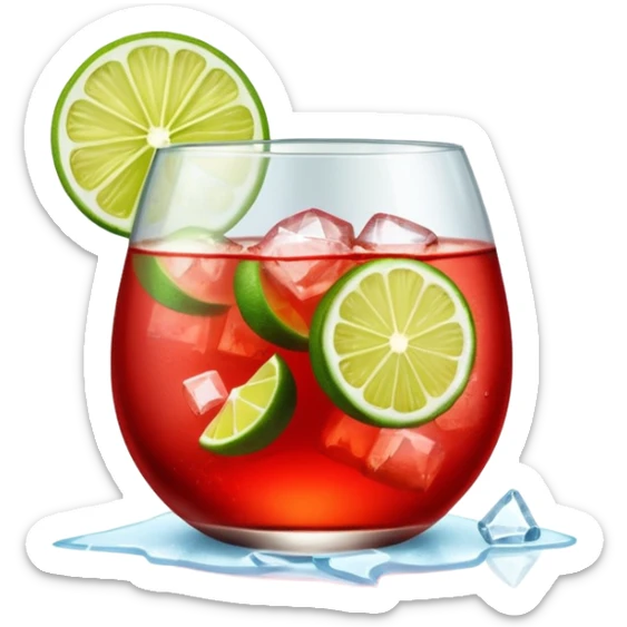 A round wine glass filled with bright red Campari tonic, lots of ice, and a lime wedge on top. sticker