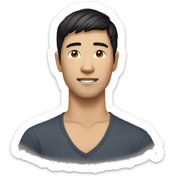 A head and shoulders shot of a 32 year old Asian man, with short black hair,   with brown eyes wearing a t-shirt. sticker