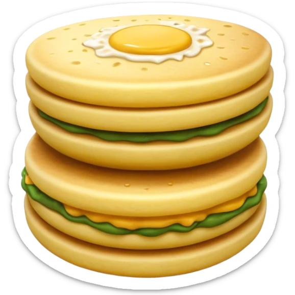 Cinematic Realistic Arepas Dish Emoji, depicted as golden cornmeal cakes filled with savory ingredients rendered with lifelike textures and warm, inviting lighting. sticker