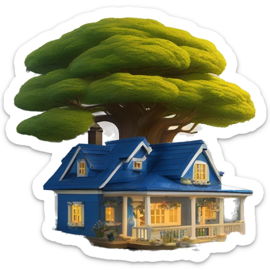  very very big Lego Cabin near a big tree.  Thick moss growing on the roofs. grass fields. porch lights turned off. bright white interior lights turned off. guests sitting in chairs on the porch, flowers and bushes are yellow and blue. sticker