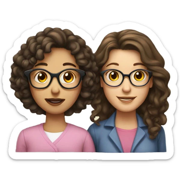 brunette girl with long hair and mom with short curly hair white mom has glasses sticker