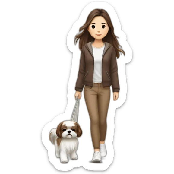 a asian girl with long brown hair walking with a white and brown shih tzu sticker