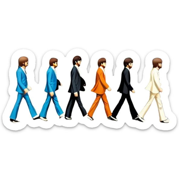 Cinematic Realistic The Beatles Abbey Road Scene Emoji, depicting the legendary band of four crossing the iconic zebra-striped street in their classic outfits, exuding effortless charisma and musical legacy. The scene is bathed in warm, nostalgic lighting with rich textures that capture the essence of 1960s rock history. sticker