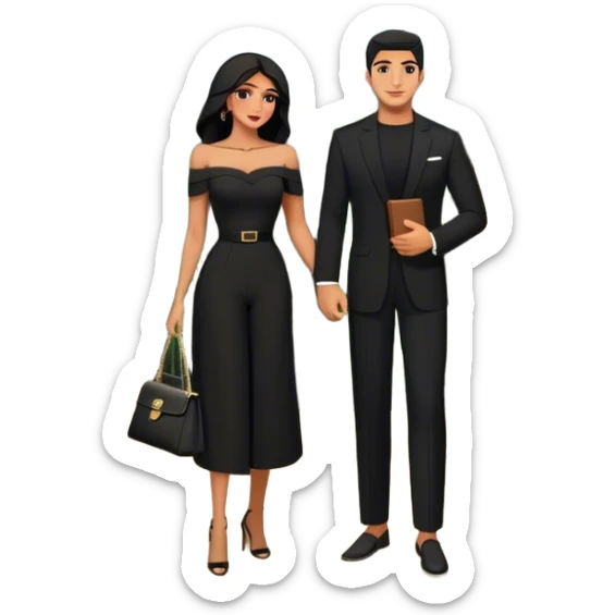 the Lebanese man dressed in all black, and the Palestinian woman in an elegant off-shoulder cream-colored outfit with a matching handbag. The background features a textured stone wall, an iron window, and lush greenery, adding a timeless, vintage charm to the scene. Arabic couple  sticker