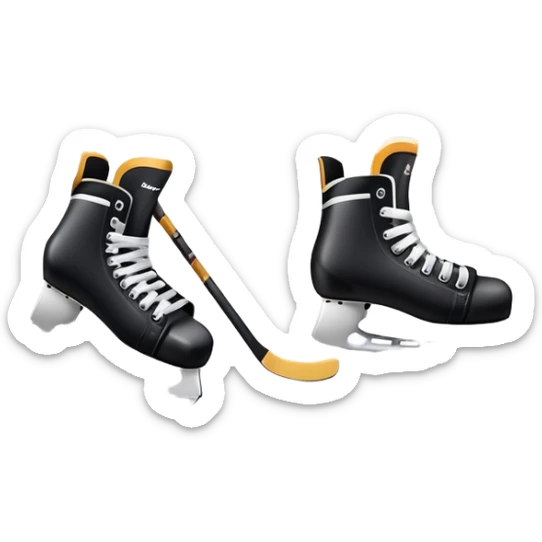 Please, make An icon featuring close-up shots of key hockey equipment: a hockey stick, puck, and skates. The background shows a packed stadium with cheering fans, bright arena lights, and an icy rink. Transparent background highlights the essentials of the game and the thrill of the sport. sticker