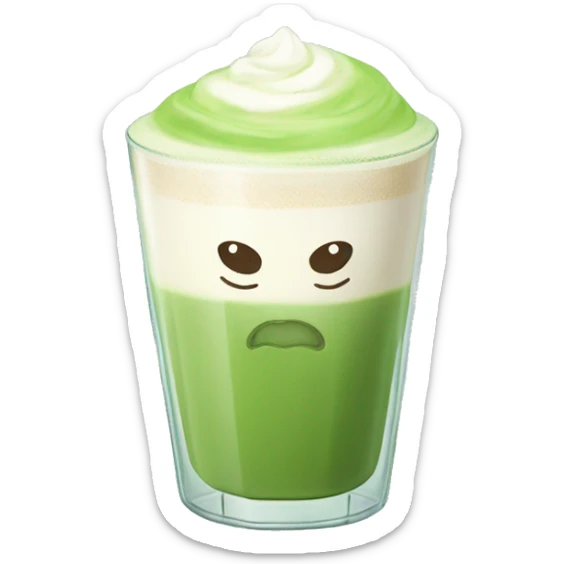 A frothy matcha latte in a clear glass cup with a simple heart design in the foam. sticker