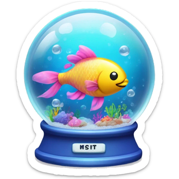 Kawaii rainbow neon bedazzled ocean fish in an under the sea snow globe  sticker