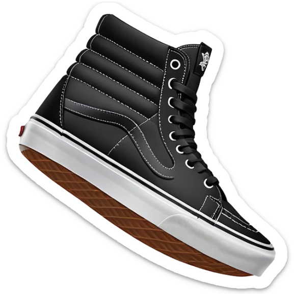 Ultra simplified pair of black Vans Sk8-Hi shoes in iOS emoji style, one positioned behind the other, flat colors, minimal design, essential details only sticker