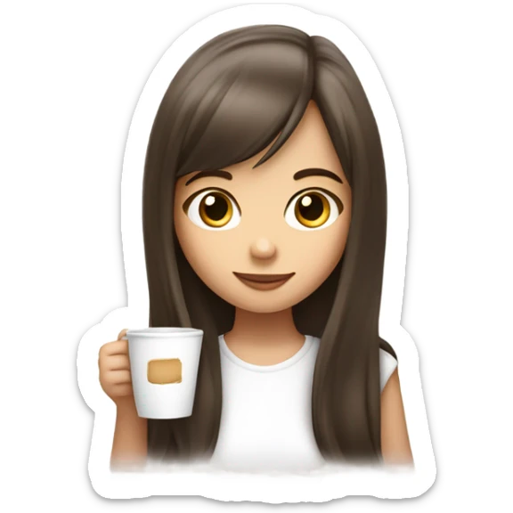 cute girl with brunette hair long and cute bang wearing a white top and drinking coffee  sticker