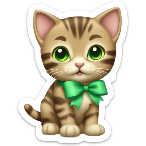 extremely cute kawaii brown tabby kitten with green eyes and pastel green bow full body sticker