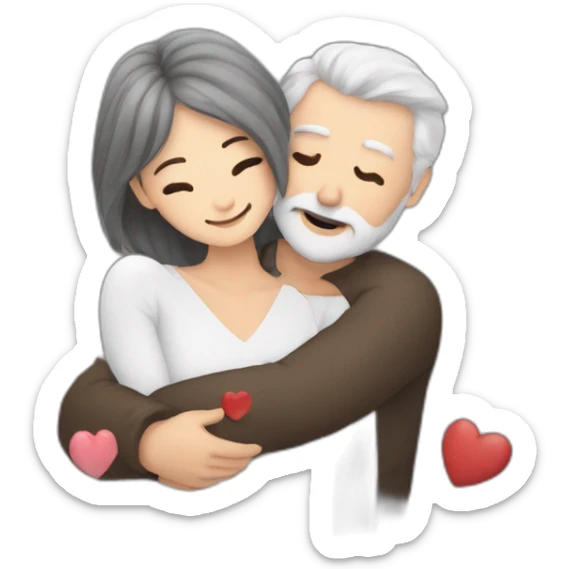 Man with gray hair and white beard hugs woman with dark brown hair with floating hearts sticker