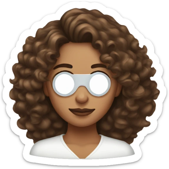 What woman with curly brown long hair applying Eye patches sticker