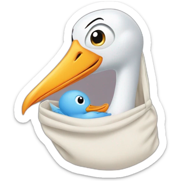 stork delivering baby boy in fabric held in its beak you can see the baby boys face popping from the top of the sack sticker