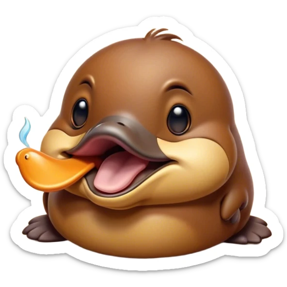 Cinematic Cute Yawning Platypus Portrait Emoji, Head tilted slightly with a dramatic, wide-open yawn, showcasing a soft, textured brown fur with a relaxed duckbill and droopy eyes in drowsy contentment, Simplified yet irresistibly adorable features, highly detailed, glowing with a soft, cozy glow, high shine, relaxed yet expressive, stylized with a touch of quirky charm, bright and endearing, soft glowing outline, capturing the essence of a sleepy yet affectionate platypus, so drowsy it feels like it could float out of the screen and curl up for a nap! sticker