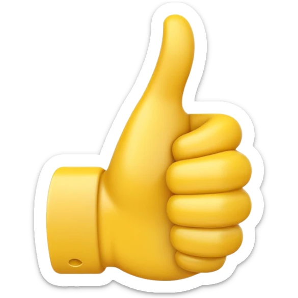 Apple-style 3D illustration of a single yellow emoji hand giving a thumbs up gesture, glossy and rounded, centered on a clean white background, soft shadow underneath, isolated and minimal design sticker