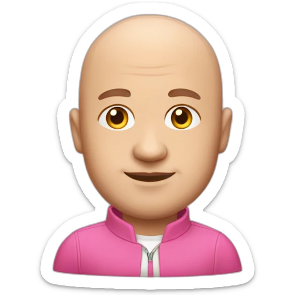 thirty-year-old with a pink suit, no hair on his head but bald on top, quite corpulent but not too much sticker