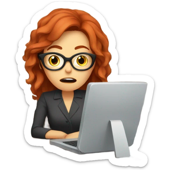 red hair woman wearing glasses frustrated desk monitor stack paper sticker