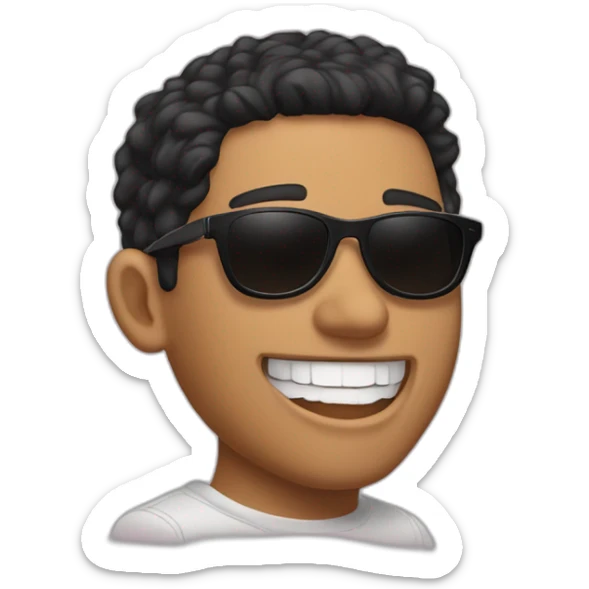 emote of tanned man, with black hair, fade haircut and brown eyes, dressed in a vans skater style, wearing Osacruz sunglasses, is laughing. sticker