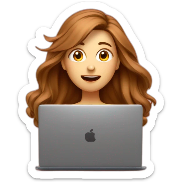 women in front of a laptop with a surprised face, brown light long hair, she is looking the laptop, hair in the air, caucasian, speed red background sticker