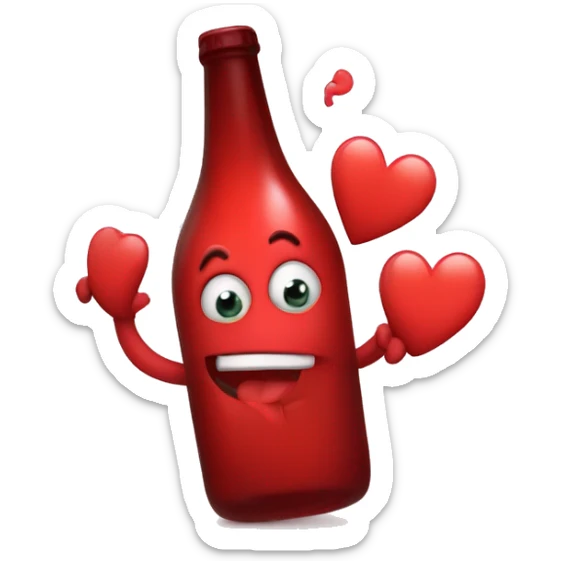 A red heart ❤️ with eyes, a mouth, and hands, tipsy and drunk, holding a bottle, looking wobbly and playful sticker