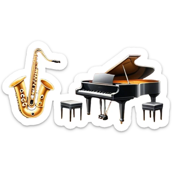 Icon for Musical Theater: a vintage stage with Broadway-style curtains, a piano, musical notes, a spotlight, and a jazz band setup. The icon should reflect the vibrant and glamorous atmosphere of 1950s American musical theater, with emphasis on performance and showmanship. Transparent background. sticker