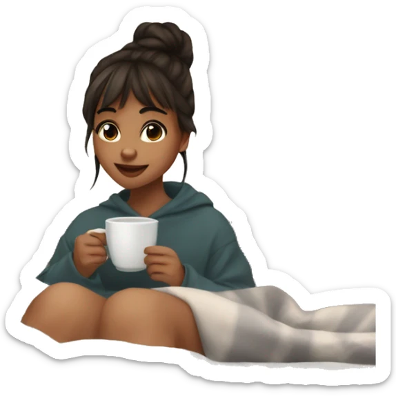 25 years old girl with bangs, bun and brown eyes in a cozy blanket drinking tea sticker
