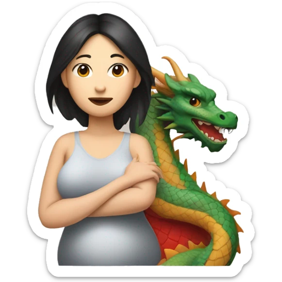 Pregnant woman looks asian with painting of dragon on forehand and shoulder sticker