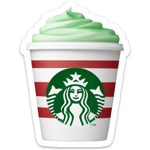 A Starbucks coffee cup with red and green stripes and the Starbucks logo on the front, white lid sticker