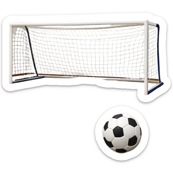 A close-up of footballs and a goal on a covered indoor futsal court with a wooden floor. The scene highlights the details of the balls and goalposts, with the smooth, polished court surface creating a clean and focused atmosphere for the game. sticker