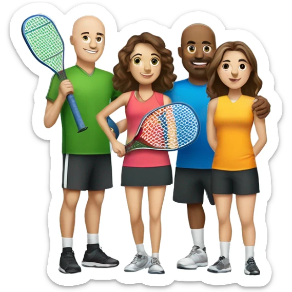 4 Caucasian people playing pickleball with 1 tall bald male, 1 shorter brown hair male, 1 girl with long brown hair, 1 girl  with brown hair sticker